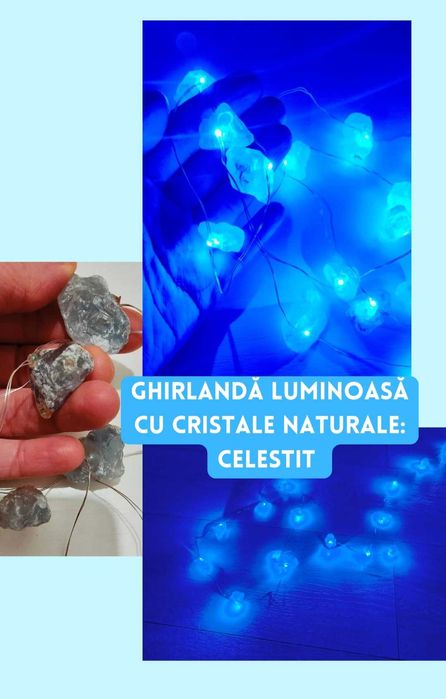 Ghirlandă cu cristale naturale de celestit - instalație de lumini LED