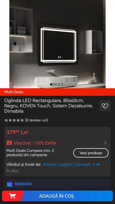 Oglinda Baie Led+Dezaburire 80x60, Touch, Noua