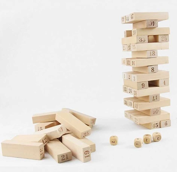 Дървена Дженга Кула с 4 зара и 54 блокчета JENGA / дървен строител