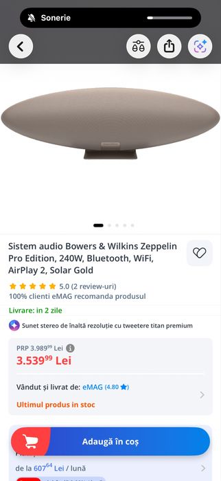 Boxa Bowers& Eilkins Zeppelin Pro, Solar Gold