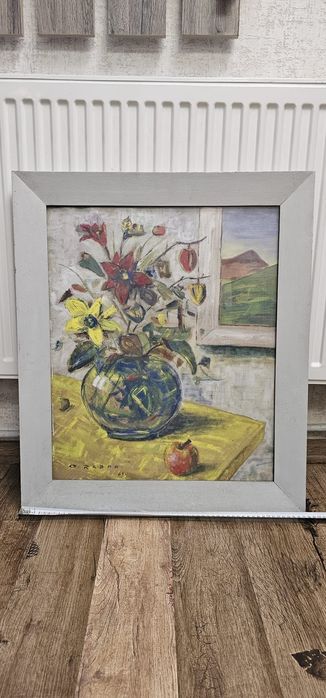Tablou vechi din 1961 – Natură statică cu flori – Semnat