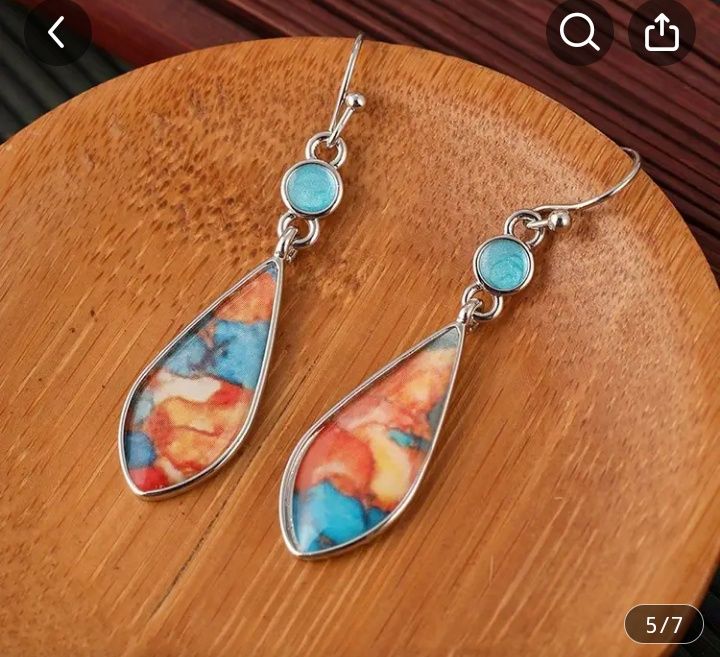 Слънчеви закачливи обеци в бохо стил с камък в тюркоаз -за ежедневно и