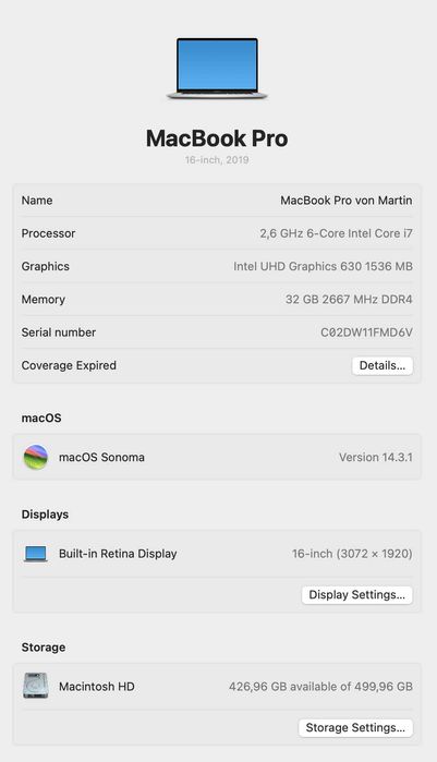 16' Macbook Pro 2019, 32GB RAM, 512GB SSD, Intel i-7