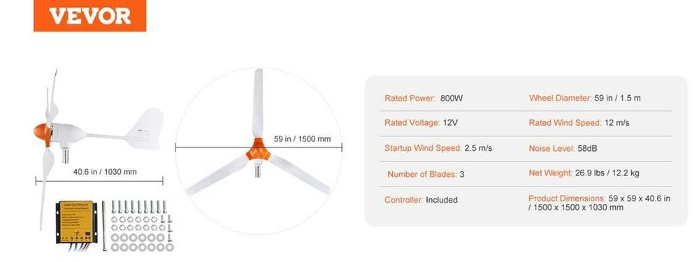 VEVOR Turbină eoliană 800W, 12V, 3 pale, rotor 1.5 m, kit complet