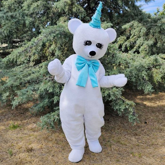 Costum Mascota Urs Alb Profesional – Papion Albastru, Marime Adult