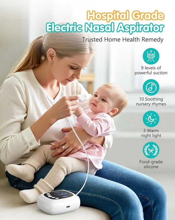Бебешки назален аспиратор,засмукване 9 нива,музика,светлина,различни накрайници,акумулаторен нов