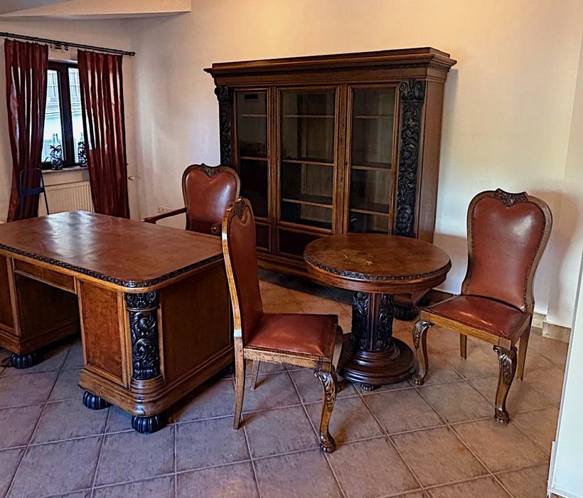 Mobilier birou lux stejar masiv și nuc sculptat – Birou  + bibliotecă + scaune + masa rotunda- stil baroc