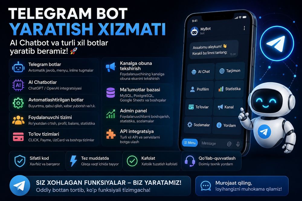 Chat bot/telegram bot /turli xil botlar yaratish xizmati