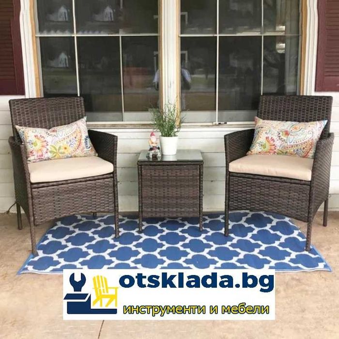 Ратанов Градински Комплект от 3 Части, Черен И Кафяв + Възглавнички