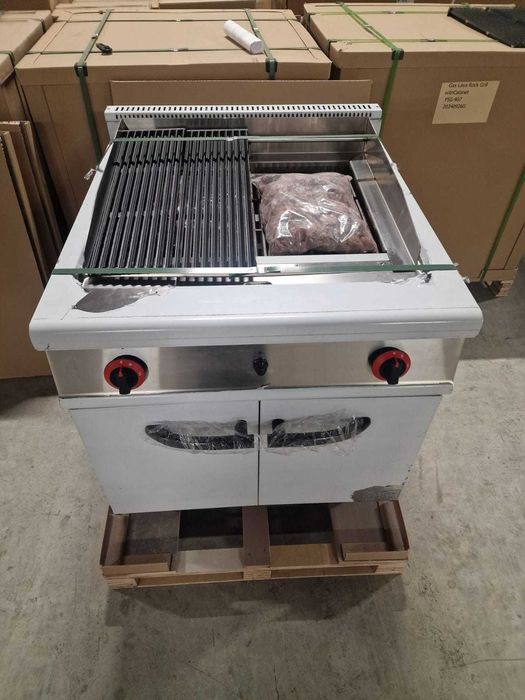 Gratar,Grill gaz cu roca vulcanica si placa striata si suport inchis