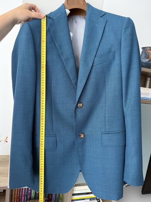 Sacou NOU Bigotti Vitale Barberis Canonico, model Canaletto marimea 48, turcoaz, uni, croi slim, 100% lana