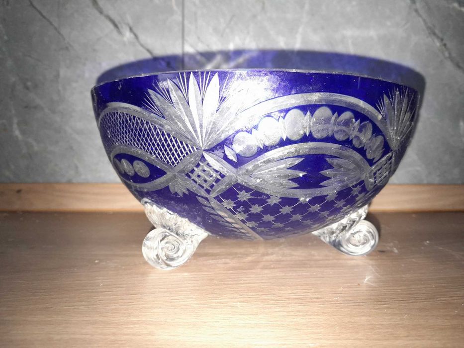 Lot 3 vaza fructiera cristal albastru Bohemia Sticla Turda