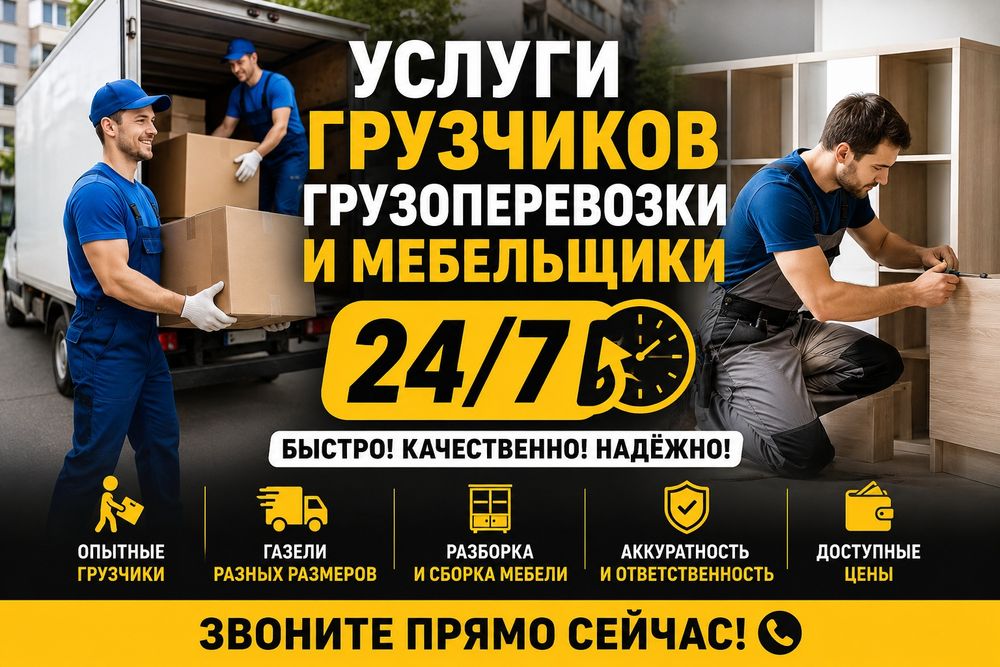 Услуги грузчиков, грузоперевозки и мебельщики 24/7