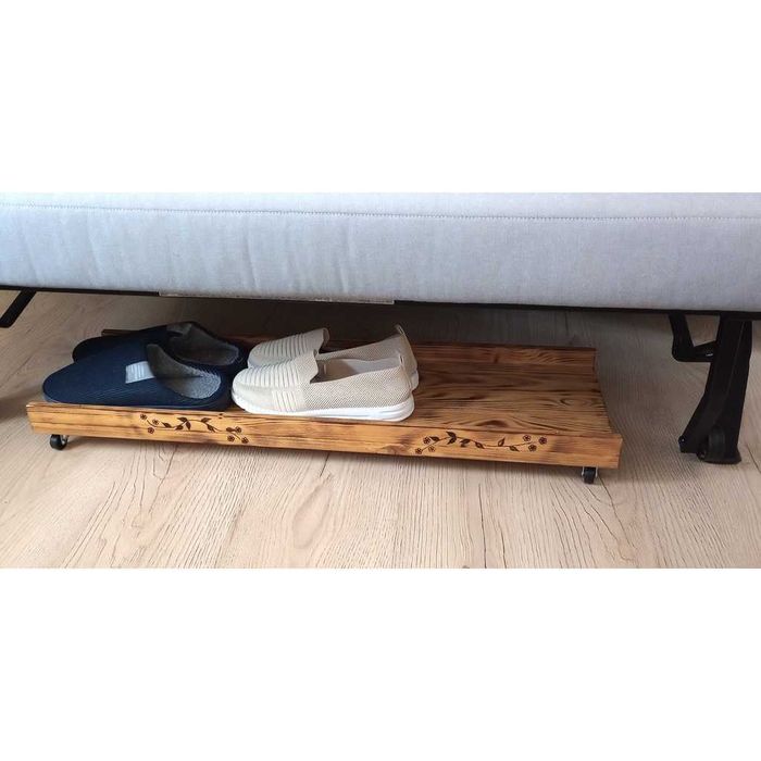 Suport depozitare sub pat din lem ars, cu roti pivotante, handmade