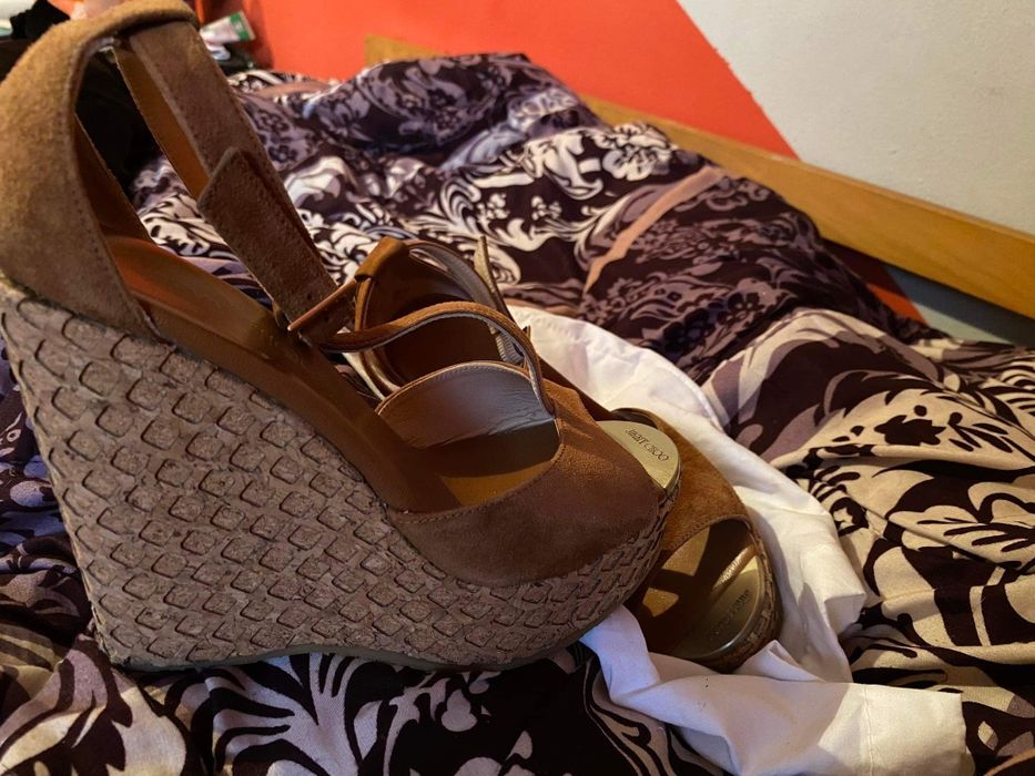 Jimmy Choo Pela Suede T-Strap Cork-Wedge Sandal Brown