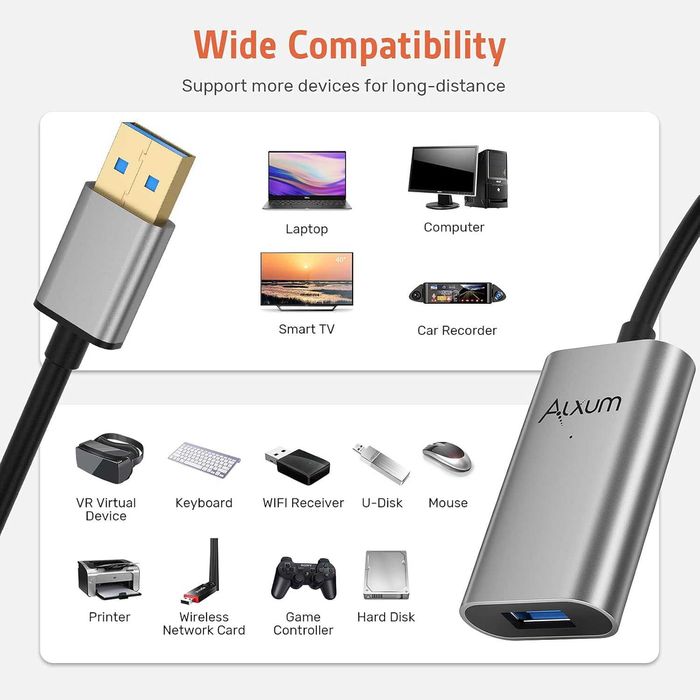 Alxum USB удължителен кабел 10m с 5V/2A захранващ адаптер