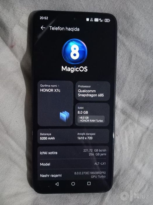 Honor x7c 256 gb  karobkasi bor ochilmagan yangi
