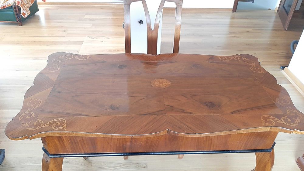 Set masa+6 scaune Biedermeier, radacina de nuc, reconditionat, an 1900