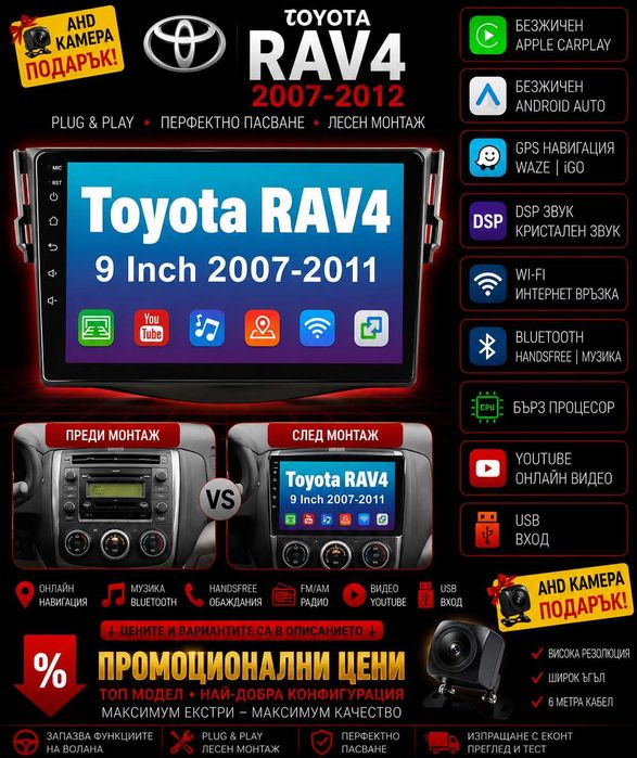 Мултимедия за Toyota RAV4 Android, CARPLAY, навигация WAZE, Андроид Auto, РАВ 4, 2DIN, Тойота RAV 4