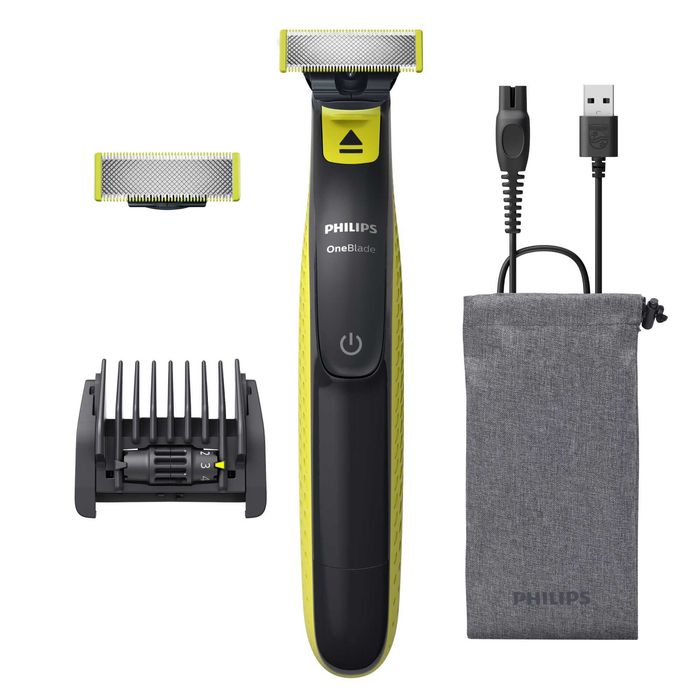Aparat hibrid de barbierit si tuns barba PHILIPS OneBlade QP2724/30, pieptene reglabil 5 in 1, reincarcabil, umed si uscat, 45 min, USB-A, husa, etc