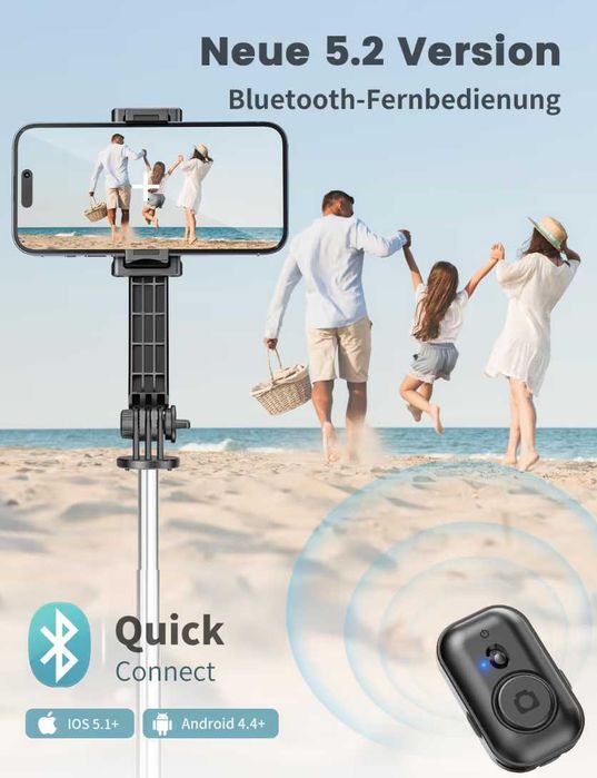 Stick selfie cu suport detașabil pentru telefon 106 cm, negru