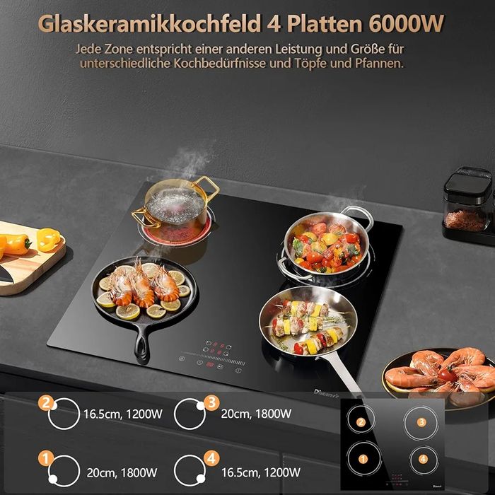 Стъклокерамичен плот за вграждане 4 зони 60см 6000W, Disaenvir