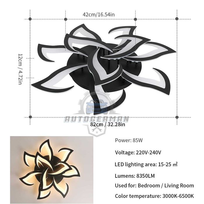 Черен таванен аплик с LED 3-степенен димер 3-светлина лед лампа