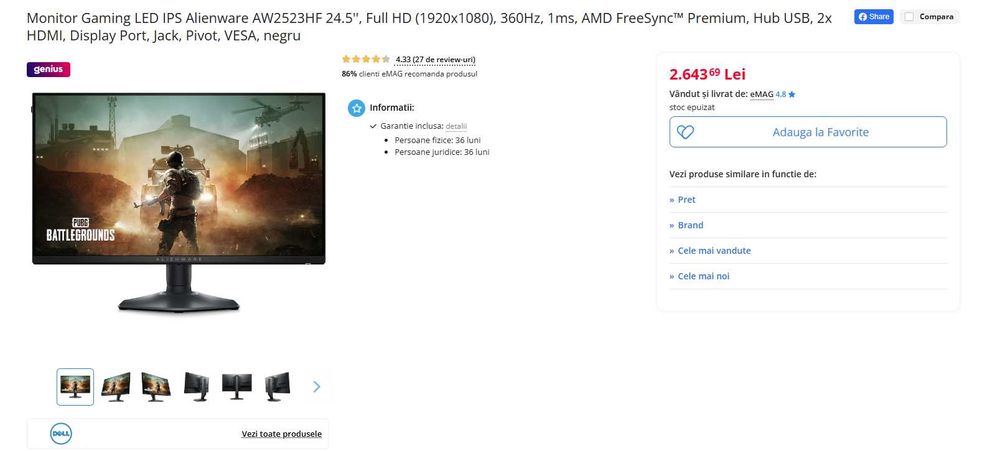 Monitor Gaming LED IPS Alienware AW2523HF 24.5'', Full HD (1920x1080), 360Hz, 1ms