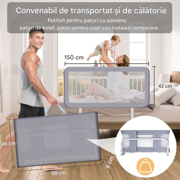 Bara de pat portabila 175 cm, protectie impotriva caderii din pat