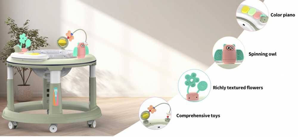 Premergator bebelusi Little Mom Activity Green cu sezut rotativ 360