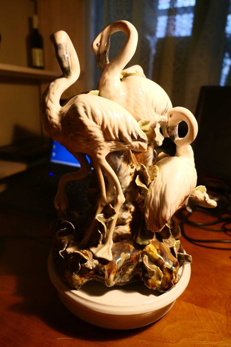 Pasari Flamingo Portelan h 45cm cu Stand Suport Bibelou Vintage