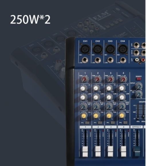 Mixer audio profesional cu amplificare, putere 2x250 W, 4 canale, 16ef