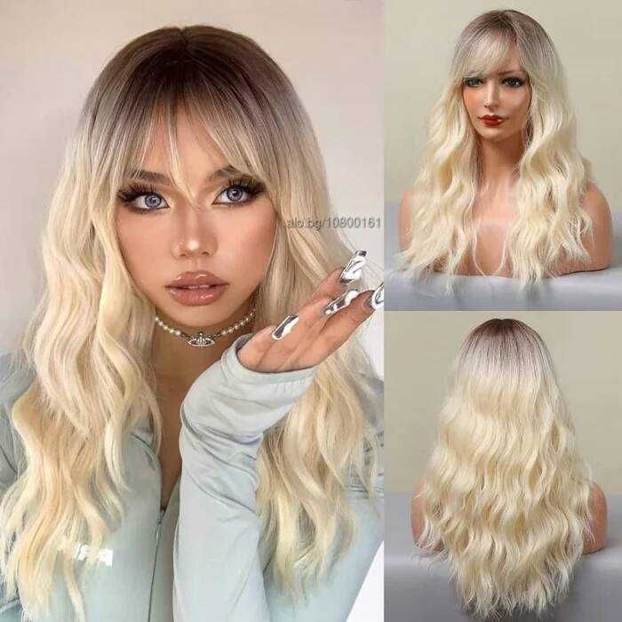 Светло руса омбре чуплива перука 60 см с тъмни корени и бретон
