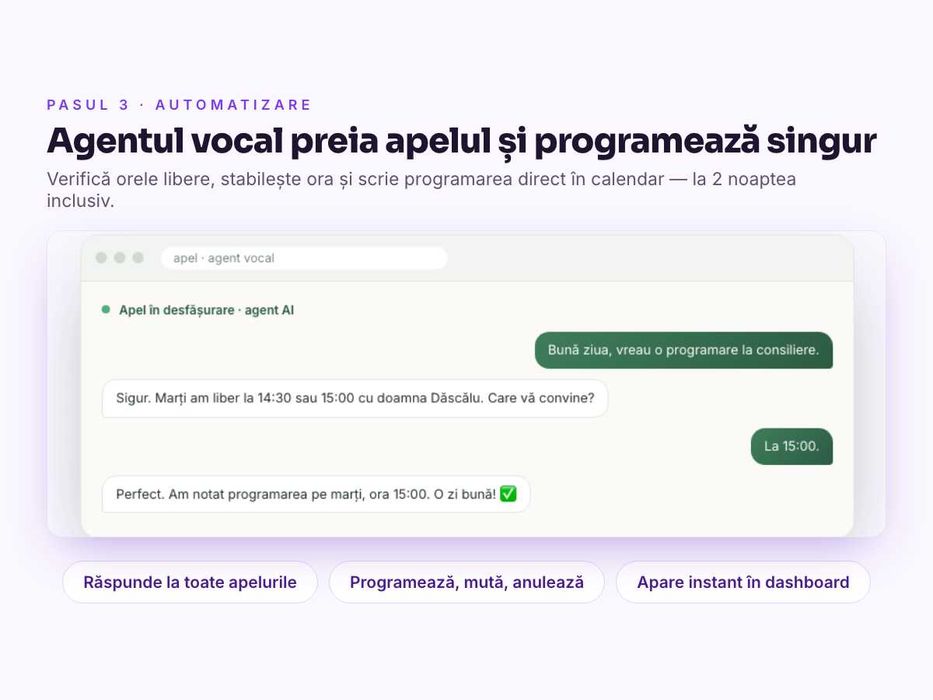 Asistent AI raspunde la telefon si WhatsApp, programeaza clientii 24/7 | site si chatbot incluse | testeaza demo live | 300 lei prima luna