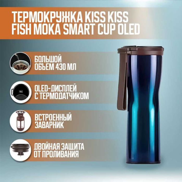 Умный термос Xiaomi KissKissFish Moka Smart Cup OLED 430 мл (Синий)