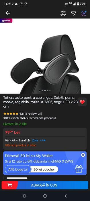 Tetiera auto pentru cap si gat, Zola®, perna moale, reglabila, rotite la 360°, negru, 38 x 23 cm