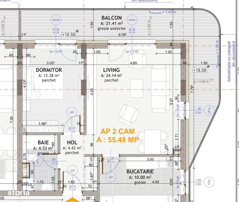 Apartament de 2 camere , 55,48  mp, semifinisat , EROILOR