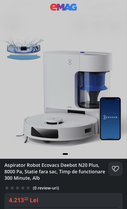 NOU cu sigiliu Aspirator robot ECOVACS DEEBOT N20 Plus – 8000 Pa, Stație de golire automată fără sac, Aspirare & Spălare