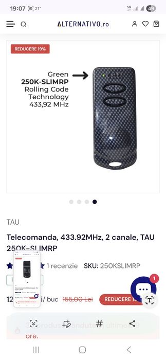 Telecomanda, 433.92MHz, 2 canale, TAU 250K-SLIMRP