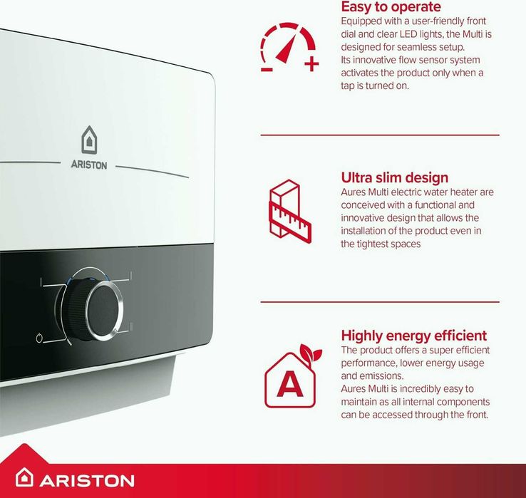 Най-висок клас италиански проточен бойлер ARISTON Multi 9.5kW НА НАМАЛЕНА ЦЕНА, Мигновена топла вода, Енергиен клас А, Компактен размер