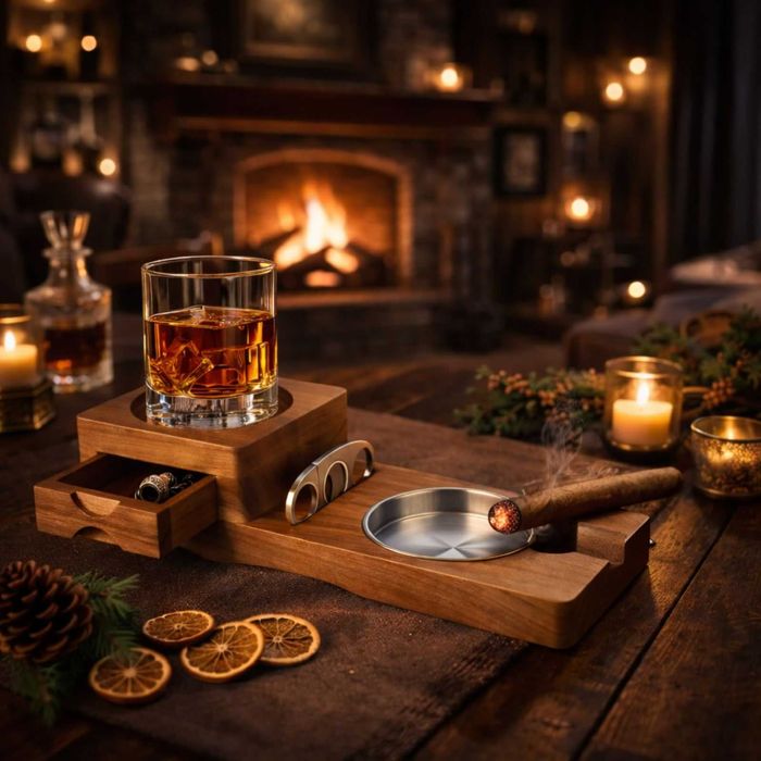 Дървена поставка за чаша, пура и аксесоари / Подходящ за подарък