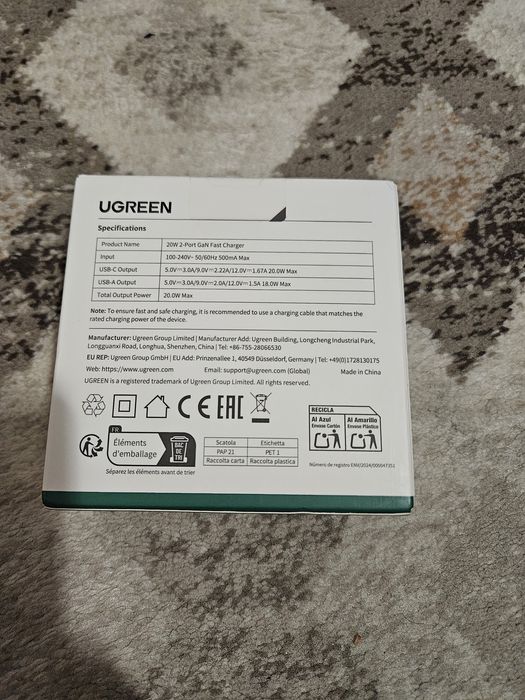 Încărcător 2 porturi -  usb-a & usb-c - Ugreen 20 W