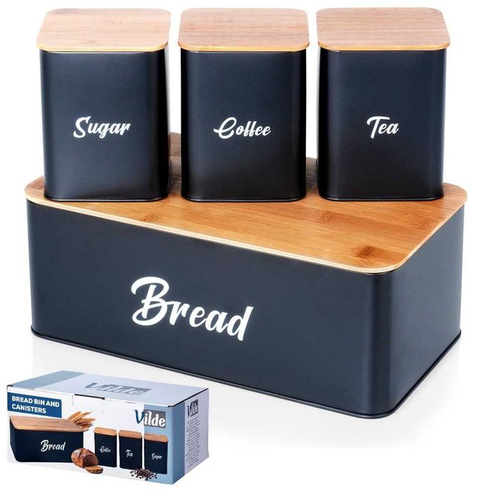Комплект Кутия за Хляб и 3 буркани за съхранение на Кафе, Чай и Захар