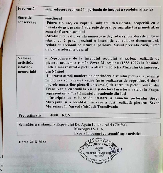 Vând tablou vechi cu expertiza la muzeu