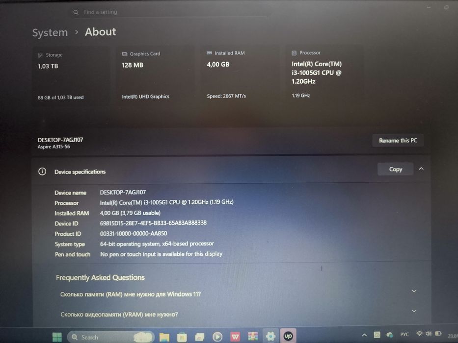 Acer Aspire 3 Core i3, 1TB xotira, 4GB operativ xotira