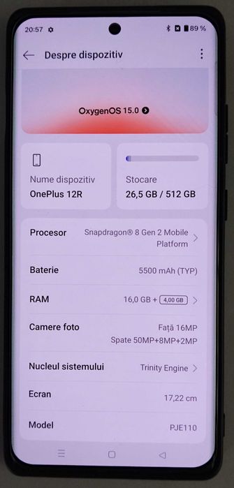 OnePlus 12R, model PJE 110, 16/512Gb. Oxigen OS 15