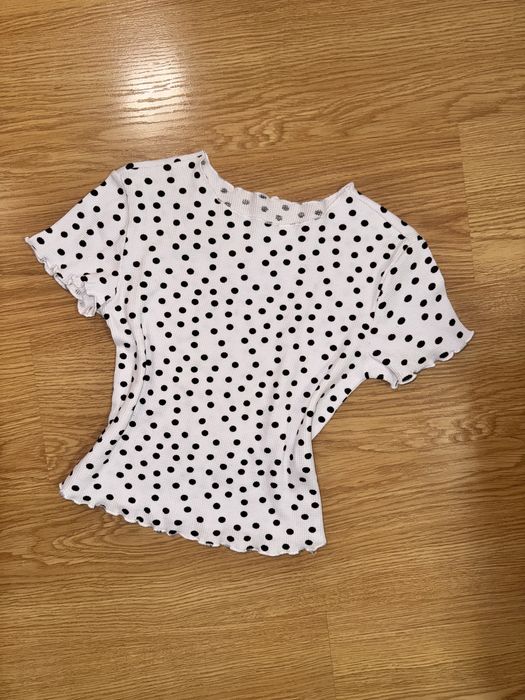 блуза с къс ръкав, бяла на точки, М