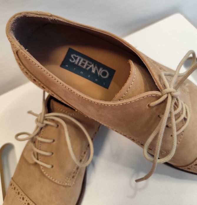 Pantofi derby de lux 44 lucrati manual STEFANO NOI piele naturala nappa camel