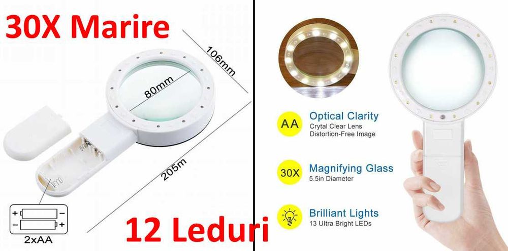 Lupa Profesionala cu marire 30X + 12 leduri pentru iluminarea noaptea.