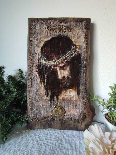 Icoană rustică pe lemn masiv– Isus cu coroană de spini